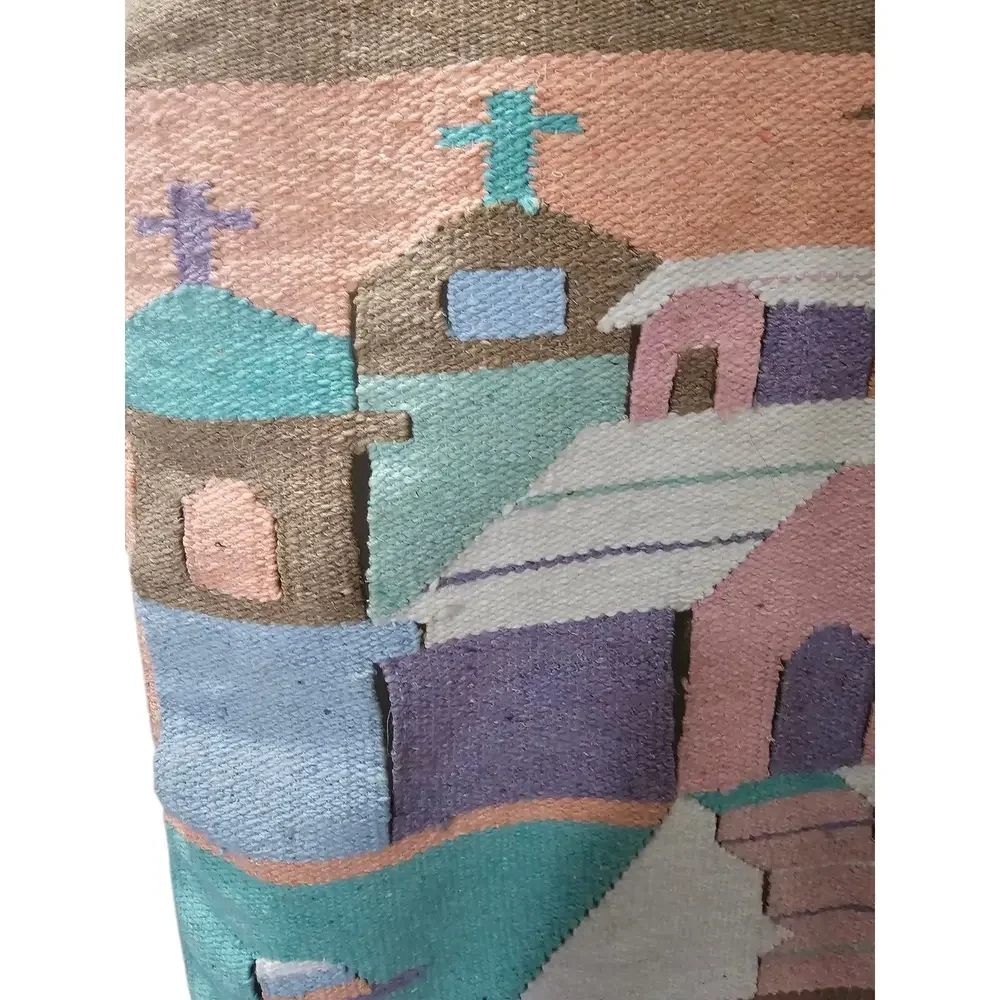 Vintage Southwest Pueblo Mountain Town Wool Woven Wall Hanging 45
